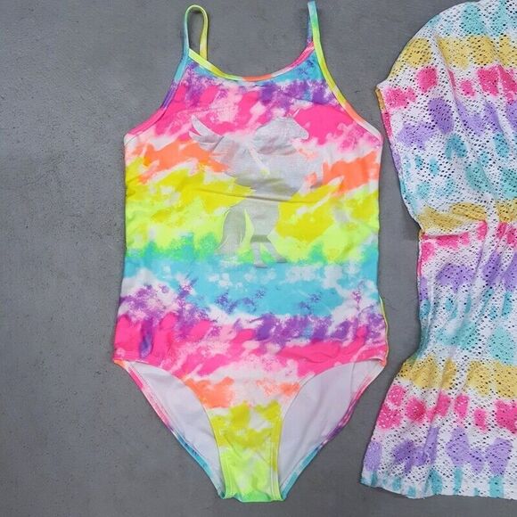 CHILDRENS PLACE Girls Swimwear Large Neon One Piece Swimsuit + Mesh Cover Up - Picture 2 of 7